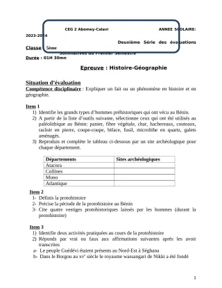 Première page de Histoire-Géographie 5e — 2e évaluation sommative, 1er semestre (2023-2024) · CEG2 ABOMEY - CALAVI (CEG ZOCA)