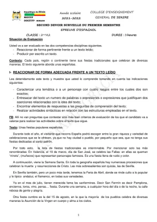 Première page de Espagnol 2nde A2 — 2e devoir surveillé, 1er semestre (2021-2022) · CEG SEKERE