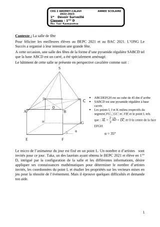 Première page de Mathématiques 1ère D — 1er devoir surveillé, 1er semestre (2022-2023) · CEG2 ABOMEY - CALAVI (CEG ZOCA)