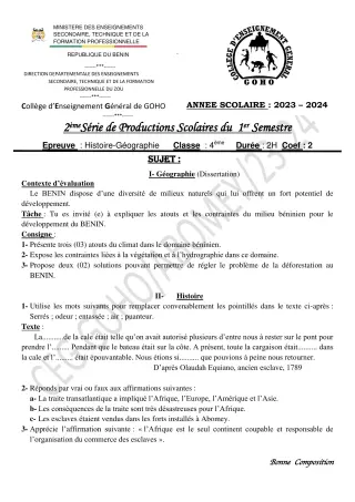 Première page de Histoire-Géographie 4e — Production scolaire, 1er semestre (2023-2024) · CEG GOHO