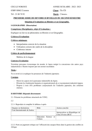Première page de Histoire-Géographie Tle C, Tle D — 1er devoir surveillé, 2e semestre (2022-2023) · CEG LE NOKOUE