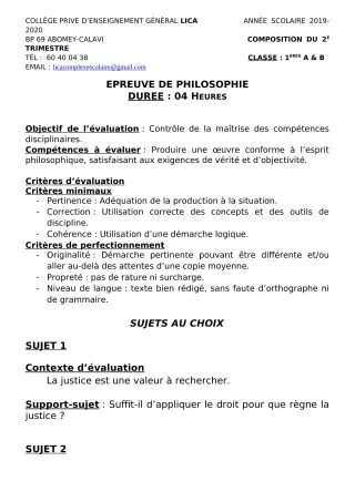 Première page de Philosophie 1ère A2, 1ère B — Composition, 1er trimestre (2019-2020) · CPEG LICA