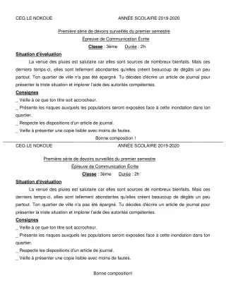 Première page de Français 3e — 1er devoir surveillé, 1er semestre (2019-2020) · CEG LE NOKOUE