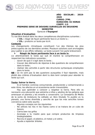 Première page de Espagnol 3e ML — 1er devoir surveillé, 2e semestre (2019-2020) · CEG ADJOVICODJI 'LES OLIVIERS'