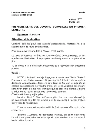 Première page de Français 3e — 1er devoir surveillé, 1er semestre (2018-2019) · CEG Agassa Godomey