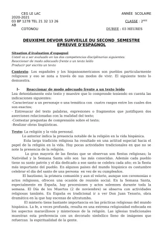 Première page de Espagnol 2nde A, 2nde B — 2e devoir surveillé, 2e semestre (2020-2021) · CEG du Lac
