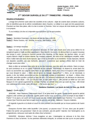 Première page de Français 2nde A, 2nde B, 2nde C, 2nde D — 2e devoir surveillé, 2e trimestre (2019-2020) · CPEG LE PHARAON