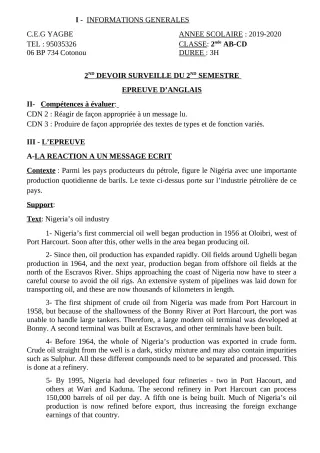 Première page de Anglais 2nde A, 2nde A1, 2nde A2, 2nde C, 2nde D — 2e devoir surveillé, 2e semestre (2019-2020) · CEG Yagbe