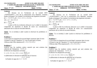 Première page de Mathématiques 2nde A2, 2nde B — 1er devoir surveillé, 2e semestre (2018-2019) · CEG Banikanni