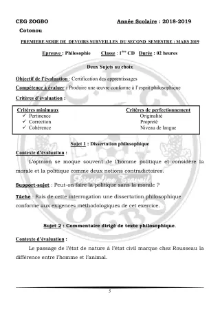Première page de Philosophie 1ère C, 1ère D — 1er devoir surveillé, 2e semestre (2018-2019) · CEG ZOGBO