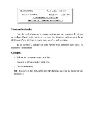 Première page de Français 5e — 1er devoir surveillé, 2e semestre (2018-2019) · CEG OKEDAMA