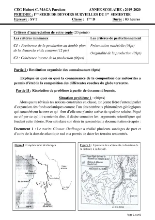 Première page de SVT 1ère D — 1er devoir surveillé, 1er semestre (2019-2020) · CEG Hubert C. MAGA