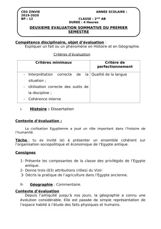 Première page de Histoire-Géographie 2nde A, 2nde A2, 2nde B — 2e évaluation sommative, 1er semestre (2019-2020) · CEG Zinvié