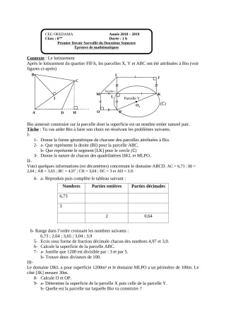 Première page de Mathématiques 6e — 1er devoir surveillé, 2e semestre (2018-2019) · CEG OKEDAMA