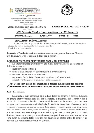Première page de Espagnol 4e ML — 2e production scolaire, 1er semestre (2023-2024) · CEG GOHO