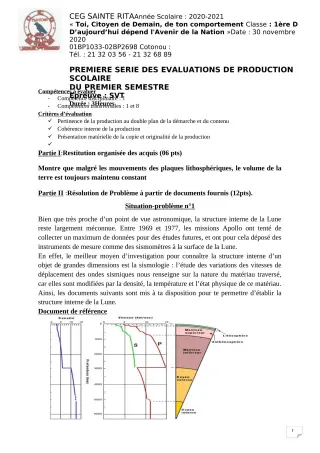 Première page de SVT 1ère D — Production scolaire, 1er semestre (2020-2021) · CEG Sainte Rita
