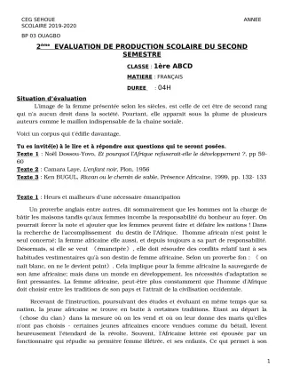 Première page de Français 1ère A2, 1ère B, 1ère C, 1ère D — 2e production scolaire, 2e semestre (2019-2020) · CEG SEHOUE