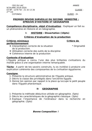 Première page de Histoire-Géographie 2nde C, 2nde D — 1er devoir surveillé, 2e semestre (2019-2020) · CEG du Lac