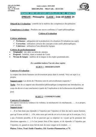 Première page de Philosophie 2nde A & B, 2nde A1, 2nde A2, 2nde B, 2nde C, 2nde D, 1ère A1, 1ère A2, 1ère B, 1ère C, 1ère D, Tle A1, Tle A2, Tle B, Tle C, Tle D — 1er devoir surveillé, 2e semestre (2019-2020) · CEG Le