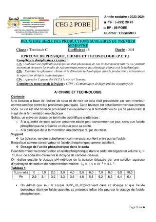 Première page de PCT Tle C — 2e production scolaire, 1er semestre (2023-2024) · CEG 2 Pobè