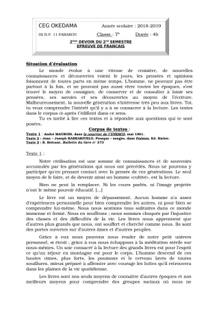 Première page de Français Tle A1, Tle A2, Tle D — 2e devoir surveillé, 2e semestre (2018-2019) · CEG OKEDAMA
