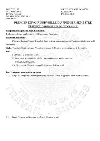 Première page de Histoire-Géographie 6e — 1er devoir surveillé, 1er semestre (2020-2021) · CEG FIYEGNON
