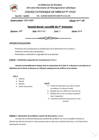 Première page de SVT 6e — 2e devoir surveillé, 1er trimestre (2021-2022) · Hibiscus 1er cycle