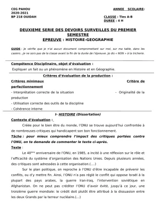 Première page de Histoire-Géographie Tle A1, Tle A2, Tle B — 2e devoir surveillé, 1er semestre (2020-2021) · CEG PAHOU