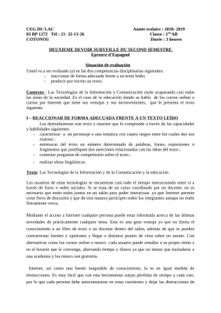 Première page de Espagnol 1ère A2, 1ère B — 2e devoir surveillé, 2e semestre (2018-2019) · CEG du Lac
