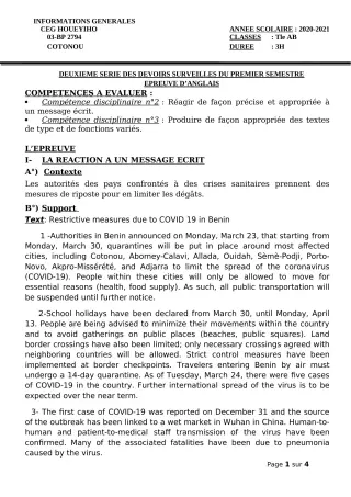 Première page de Anglais Tle A1, Tle A2, Tle B — 2e devoir surveillé, 1er semestre (2020-2021) · CEG HOUEYIHO