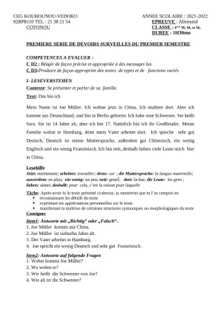 Première page de Allemand 4e — 1er devoir surveillé, 1er semestre (2021-2022) · CEG Kouhounou-Vêdoko