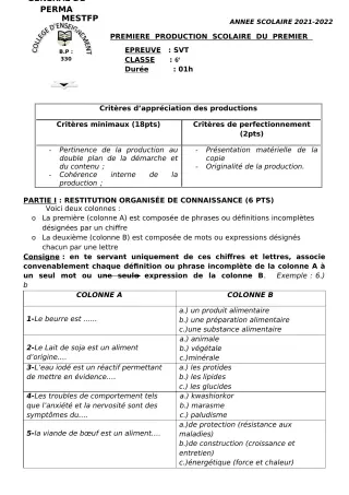 Première page de SVT 6e, 5e, 4e, 3e, 2nde A, 2nde D, 1ère A, 1ère D, Tle A, Tle D — 1re production scolaire, 1er semestre (2021-2022) · CEG Perma