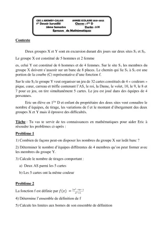 Première page de Mathématiques 1ère D — 1er devoir surveillé, 2e semestre (2021-2022) · CEG2 ABOMEY - CALAVI (CEG ZOCA)