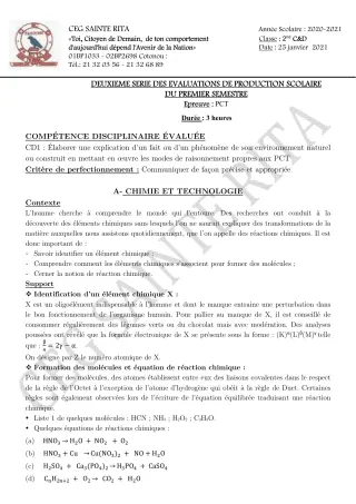 Première page de PCT 2nde C, 2nde D — Production scolaire, 1er semestre (2020-2021) · CEG Sainte Rita
