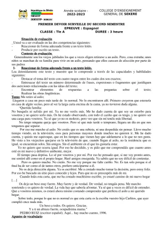 Première page de Espagnol Tle A2 — 1er devoir surveillé, 2e semestre (2022-2023) · CEG SEKERE