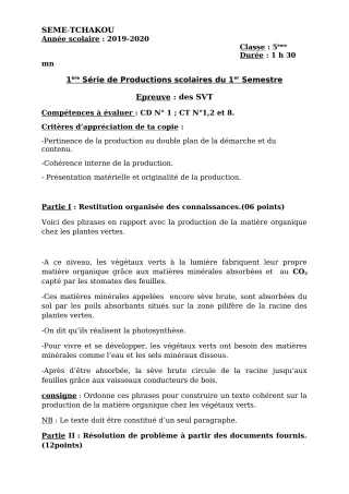 Première page de SVT 6e, 5e, 4e, 3e — 1re production scolaire, 1er semestre (2019-2020) · CEG Sème tchakou