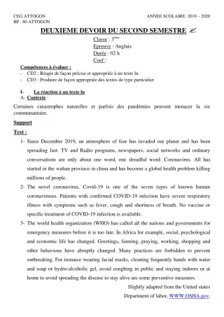 Première page de Anglais 3e, 3e ML — 2e devoir surveillé, 2e semestre (2019-2020) · CEG Attogon