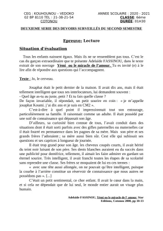 Première page de Français 6e — 2e devoir surveillé, 2e semestre (2020-2021) · CEG Kouhounou-Vêdoko