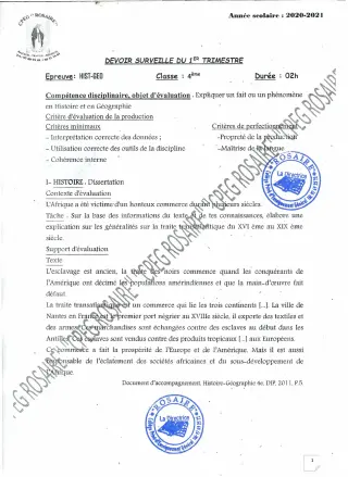 Première page de Histoire-Géographie 4e — 1er trimestre (2020-2021) · CPEG ROSAIRE