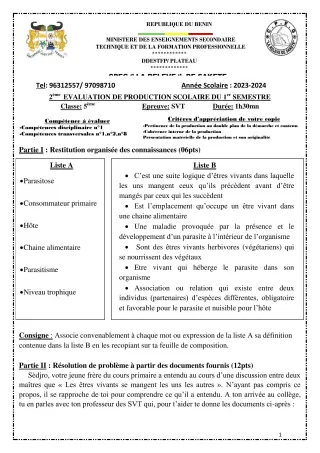 Première page de SVT 5e — 2e production scolaire, 1er semestre (2023-2024) · CPEG LA RELEVE