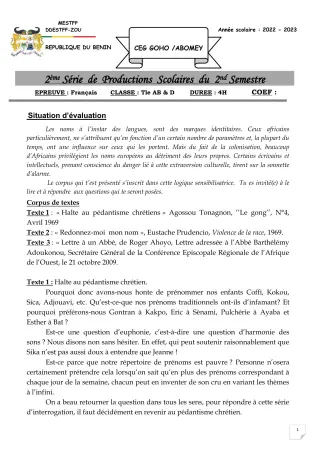 Première page de Français Tle A & B — 2e production scolaire, 2e semestre (2022-2023) · CEG GOHO