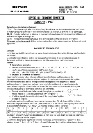 Première page de PCT Tle C — Devoir surveillé, 2e trimestre (2020-2021) · CEG PAHOU