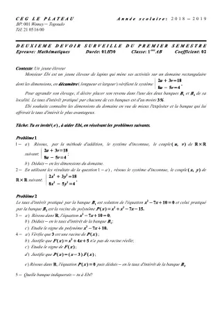 Première page de Mathématiques 1ère B — 2e devoir surveillé, 1er semestre (2018-2019) · CEG Le Plateau