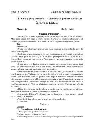Première page de Français 6e — 1er devoir surveillé, 1er semestre (2019-2020) · CEG LE NOKOUE