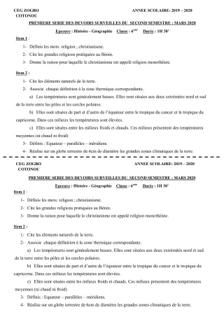 Première page de Histoire-Géographie 6e — 1er devoir surveillé, 2e semestre (2019-2020) · CEG ZOGBO