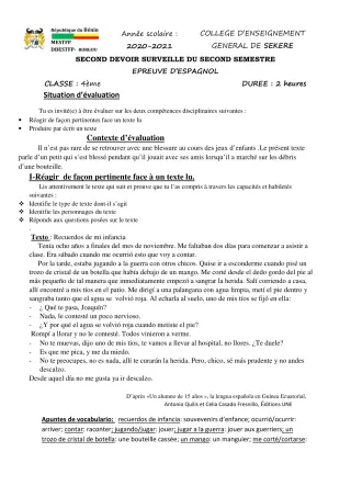 Première page de Espagnol 4e — 2e devoir surveillé, 2e semestre (2020-2021) · CEG SEKERE
