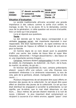 Première page de Français 6e, 5e, 4e, 4e ML, 3e, 3e ML — 1er devoir surveillé, 1er semestre (2018-2019) · CEG5 DOGBO