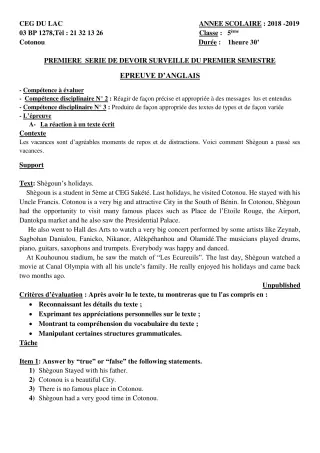 Première page de Anglais 5e — 1er devoir surveillé, 1er semestre (2018-2019) · CEG du Lac