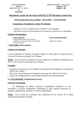 Première page de Histoire-Géographie 3e — 1er devoir surveillé, 1er semestre (2021-2022) · CEG Kouhounou-Vêdoko