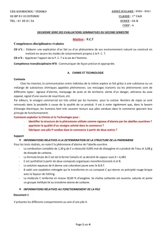 Première page de PCT 1ère C, 1ère D — 2e évaluation sommative, 2e semestre (2020-2021) · CEG Kouhounou-Vêdoko